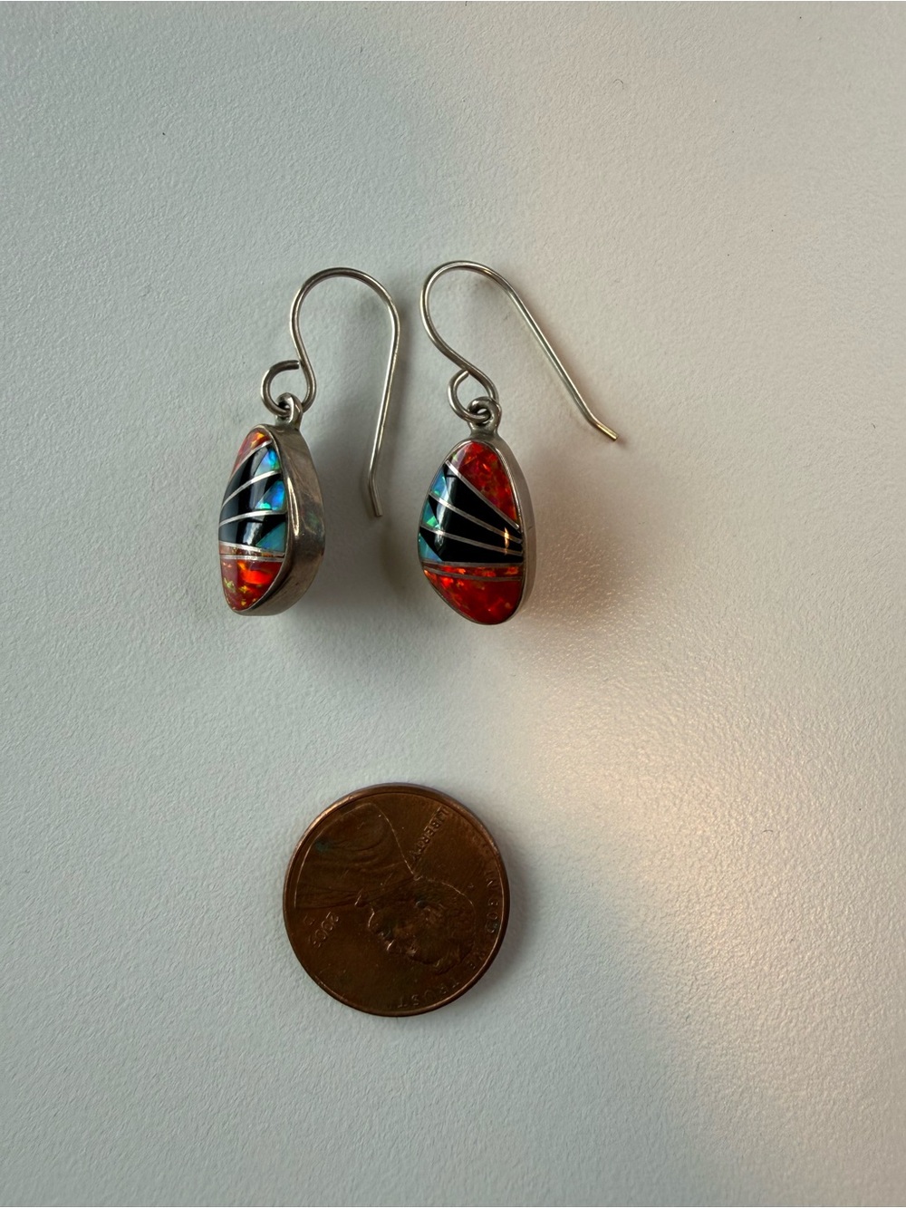 Martin Martinez Sterling Silver Teardrop Inlay Earrings with Red and Blue Opal - Picture 2 of 4